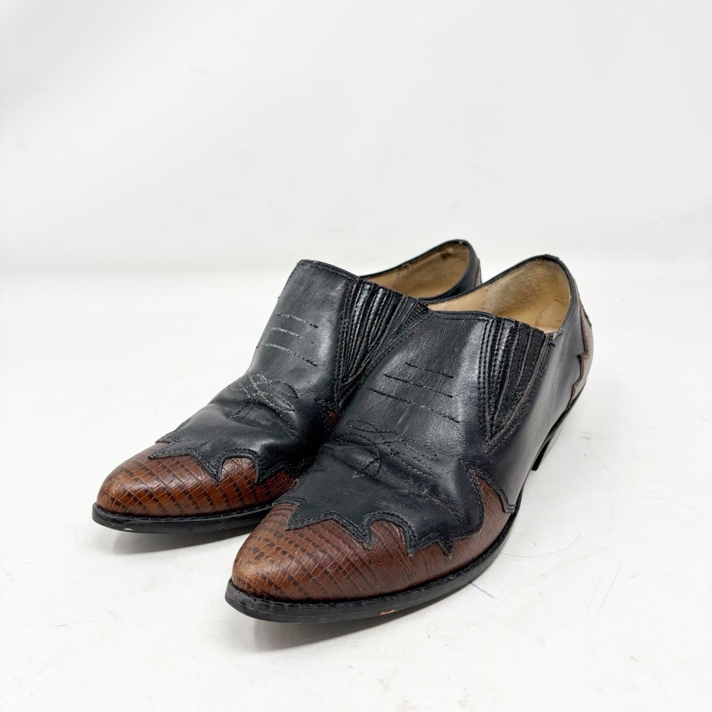 Nine West Vintage 90s Western Leather Shooties Black Brown Lizard Print Size 6.5
